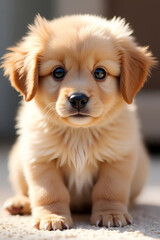 An adorable, fluffy puppy with bright, expressive eyes and a playful expression. The fur is soft and ultra-detailed, with a warm and natural color tone. The puppy is sitting in a well-lit setting, 