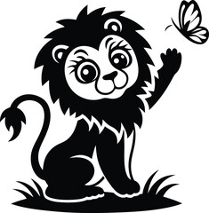 A Cute baby lion with butterfly silhouette vector illustration, Cute lion with butterfly isolated line art vector