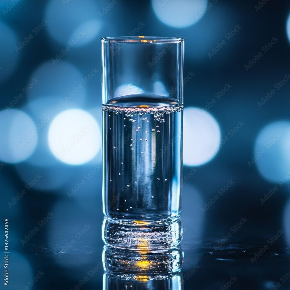 Leinwandbilder Glass of Refreshing Water on a Reflective Surface with a Bokeh Background, Sparking with Tiny Bubbles of Air