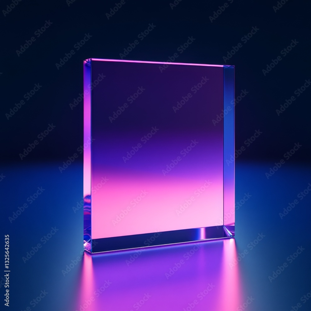 Leinwandbilder Illuminated Acrylic Block with Neon Gradient: A Modern Abstract Display of Light and Reflection on Dark Background.