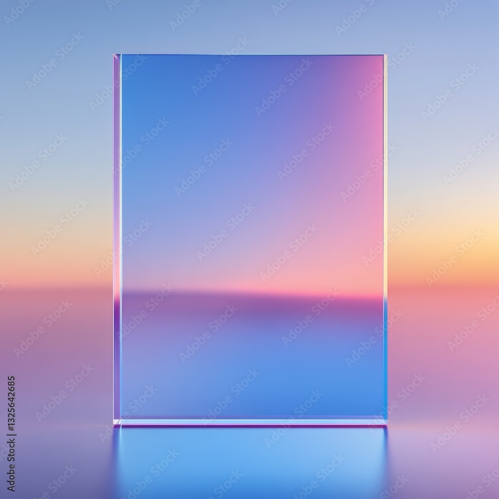 Aufkleber iridescent glass block reflecting a sunset: a modern minimalist display for product mockups and arti