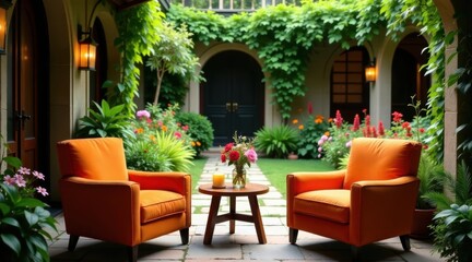 Serene Courtyard Oasis Two Orange Armchairs Flanked by Lush Greenery and Flowers, Centered Around a Small Wooden Table with a Candle and Vase of Blooms, Providing a Peaceful and Inviting Atmosphere