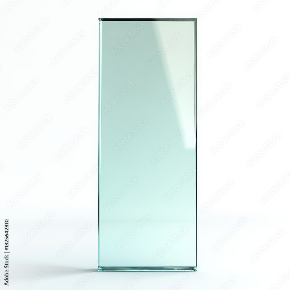 Poster minimalist clear glass slab showcase: an elegant design element on white backdrop for display and pr