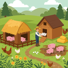 Fototapeta premium Farmer Collecting Eggs on a Farm with Pigs and Chickens