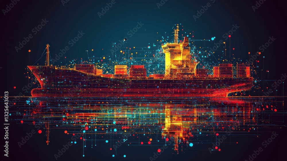 Poster a digital render of a cargo ship with network lines