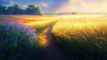 First ray sunshine morning wheat field golden glow warm soft light peaceful nature tranquil rural gentle breeze idyllic countryside atmospheric dreamy sunrise romantic nostalgic scenic beauty lavender