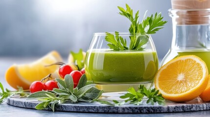 Fresh green smoothie with herbs and citrus on marble countertop