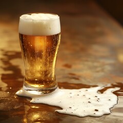 Refreshing Golden Beer Overflowing, Bubbles in Glass, on Warm Toned Tabletop - A Toast to Refreshment and Relaxation