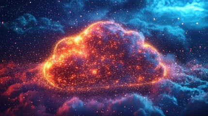 A glowing data cloud surrounded by celestial clouds and cosmic dust