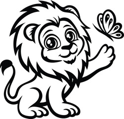 A Cute baby lion with butterfly silhouette vector illustration, Cute lion with butterfly isolated line art vector