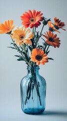 Obraz premium Vibrant orange, yellow, and red Gerbera daisies in a blue glass vase against a light blue background.