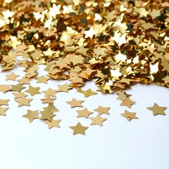 Pile of Gold Star Confetti on White Background