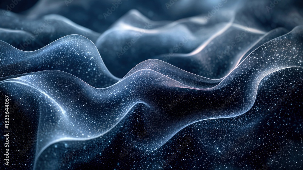 Poster abstract waves in a deep blue color with glowing particles