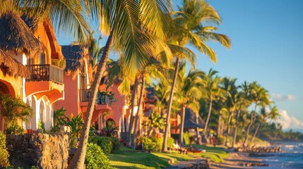 Tropical Paradise with Palm Trees and Colorful Beachfront Houses