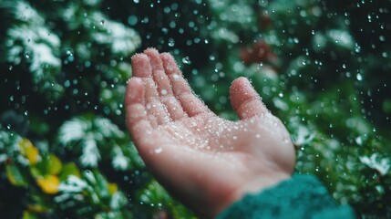 Fototapeta premium Delicate Hand Catching Snowflakes in Winter Wonderland Setting