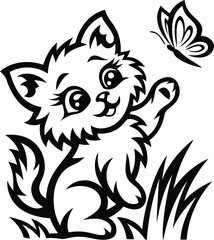 A Cute cat with butterfly silhouette vector illustration, Cute cat with butterfly isolated line art vector