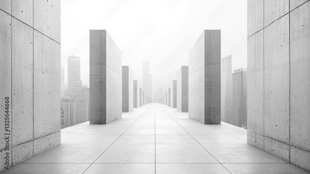 Poster concrete structures form an architectural path towards distant city buildings