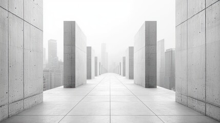 Fototapeta premium Concrete structures form an architectural path towards distant city buildings
