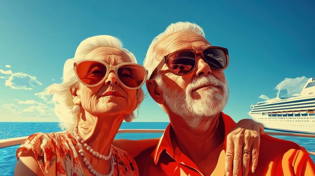 A joyful elderly couple poses on a cruise ship, showcasing their vibrant style against a bright blue sea and sky.