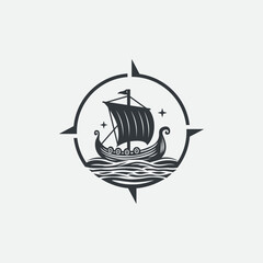 Viking ship with a compass for adventure, exploration, and navigation logo design