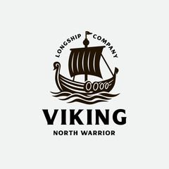 Vintage Drakkar Viking transport ship.Ancient Nordic Longship ocean wave logo design
