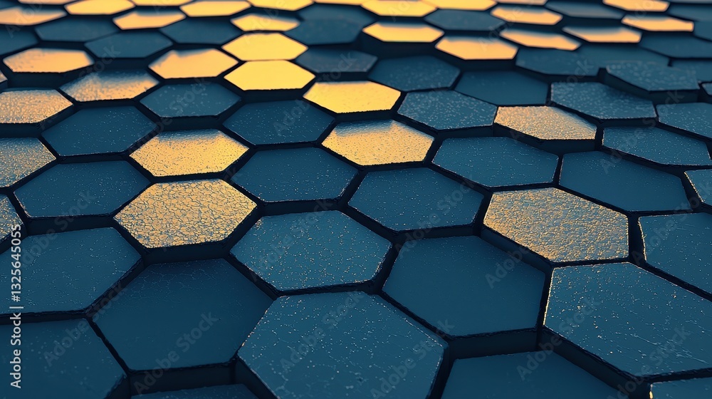 Poster hexagonal pattern of textured tiles with reflections and light effects