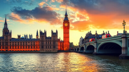 Naklejka premium An iconic view of Big Ben and the Houses of Parliament at twilight, with golden lights reflecting on the River Thames