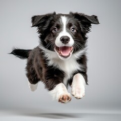 Fototapeta premium Playful Black and White Border Collie Puppy Jumping Against a Grey Background