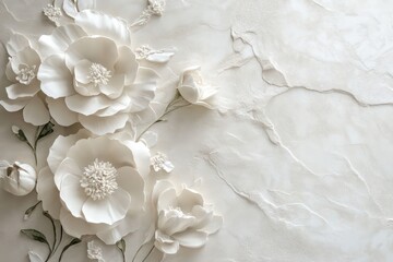 A modern floral wallpaper with oversized 3D sculpted blossoms in ivory, set against a smooth marble-textured background.