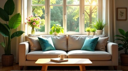Sunlight streams through a window illuminating a comfortable living room sofa with cushions, houseplants, and a coffee table with a mug and book.