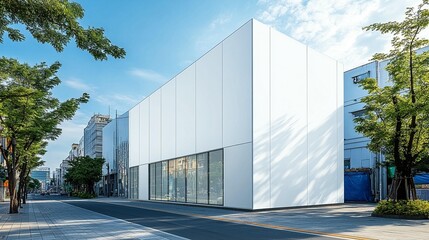 Fototapeta premium Modern white building with large glass storefront on city street, sunny day.