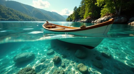 Fototapeta premium Serene Summer Day A Small Rowboat Gently Floats on Crystal Clear Water, Sunlight Illuminates the Rocky Bottom