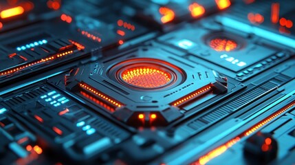 An abstract glowing futuristic circuit board featuring technological components brightly