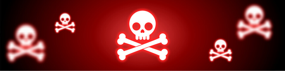 Danger alert vector with glowing skull and crossbones on a red background. Perfect for warning signs, hazard symbols, toxic materials, or pirate themes in graphic design and media projects.