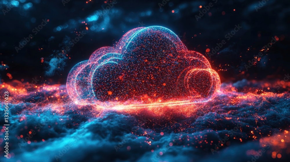 Aufkleber glowing cloud computing data visualization with neon blue and red colors