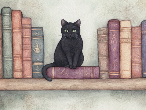Black Cat on a Bookshelf - Watercolor Illustration