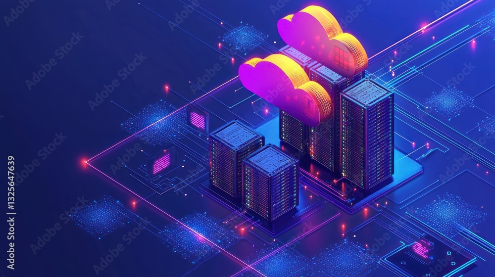 Aufkleber an illustration depicts digital clouds and computer servers in a network