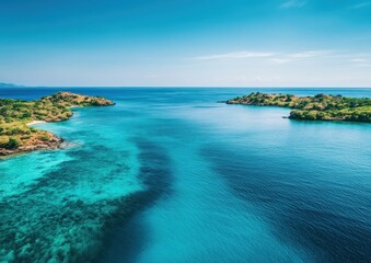 Fototapeta premium Idyllic tropical islands, turquoise water, coral reefs, aerial view.