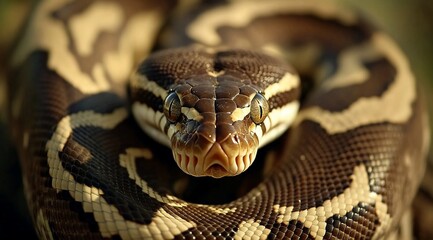 Fototapeta premium Close-up of a coiled ball python, showcasing its scales and intense gaze.