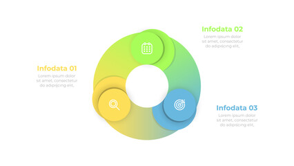 Business process infographic with a circular flow design. Circle elements, marketing icons, and 3 options or steps. Modern vector illustration.