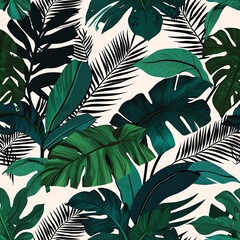 Tropical Paradise: Lush Green Monstera and Palm Leaves Seamless Pattern