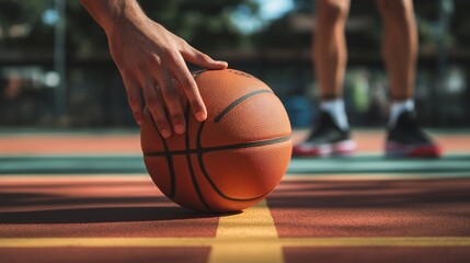 Naklejka premium Close-up of a person's hand reaching for a basketball on an outdoor court.