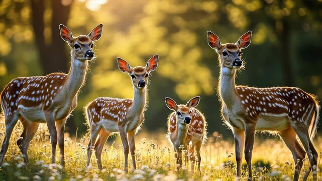 Graceful fawn herd exploring sunlit forest on a tranquil morning