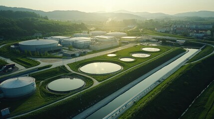 An aerial view depicts a water treatment facility in a rural area