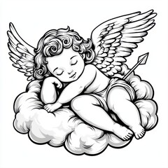 Fototapeta premium Sleeping Cherub Angel on a Cloud Black and White Line Art Illustration