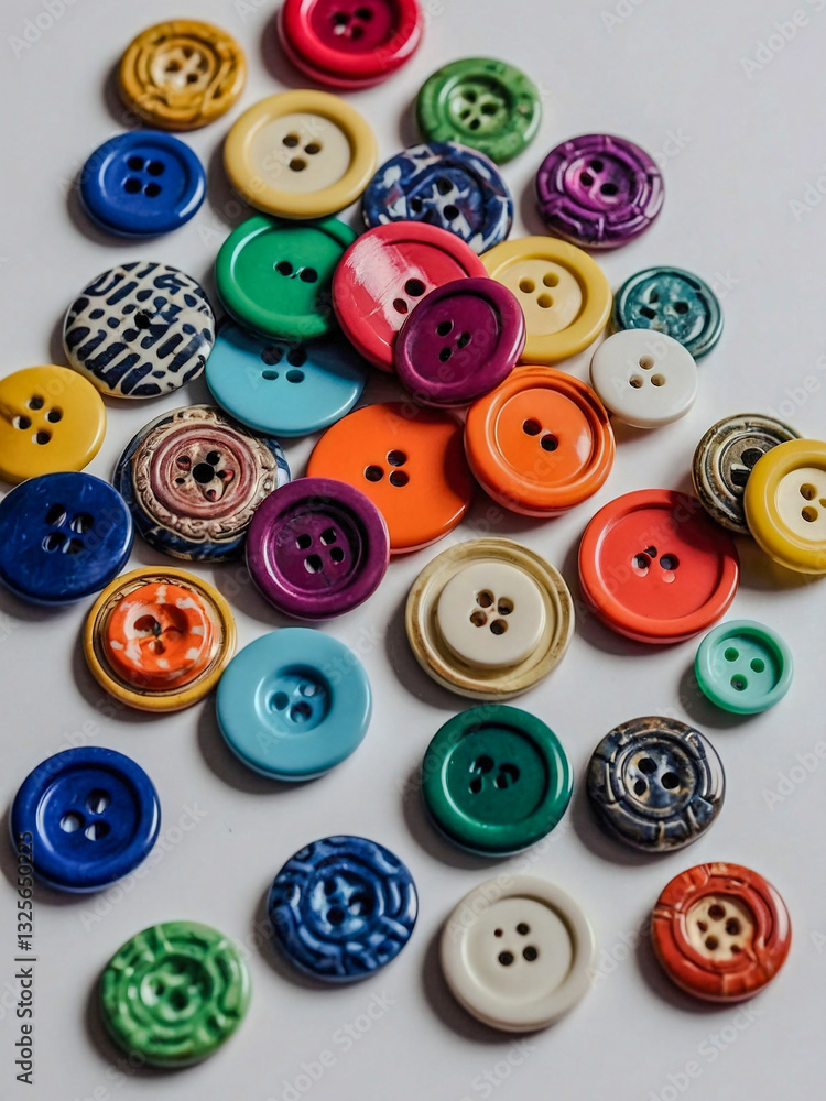 Poster colorful buttons arranged in a pattern on white surface.