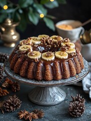 Coco cake with caramelized banana and toffee sauce