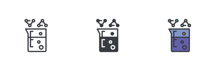 Measuring cup with liquid and molecular structure different style icon set