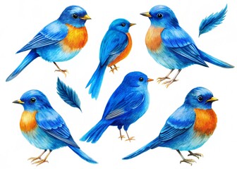 Obraz premium hand drawn Realistic blue birds with orange feathers of watercolor illustration 
