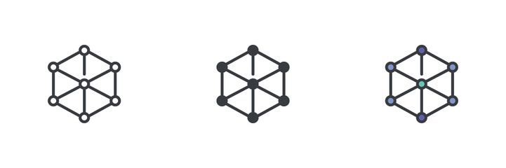 Hexagonal prism with connected nodes different style icon set